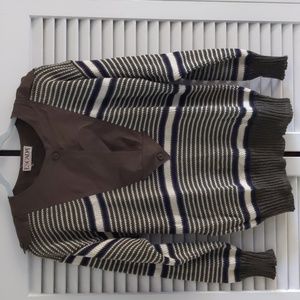 Vintage Escada flax blend sweater military green blue cream stripe epaul…